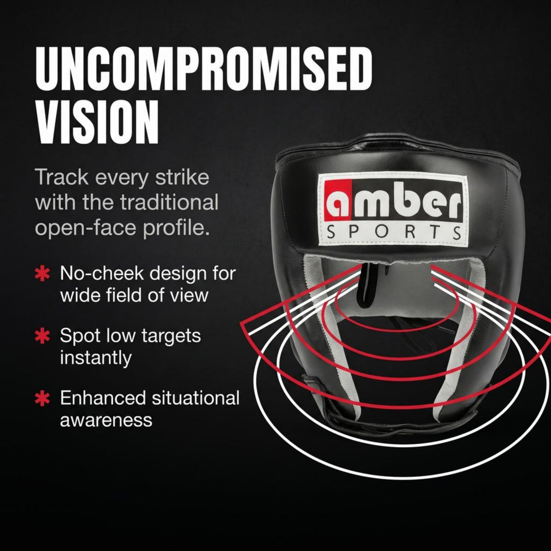 Amber Fight Gear Leather Open Face Boxing Headgear No Cheek, Multiple Sizes