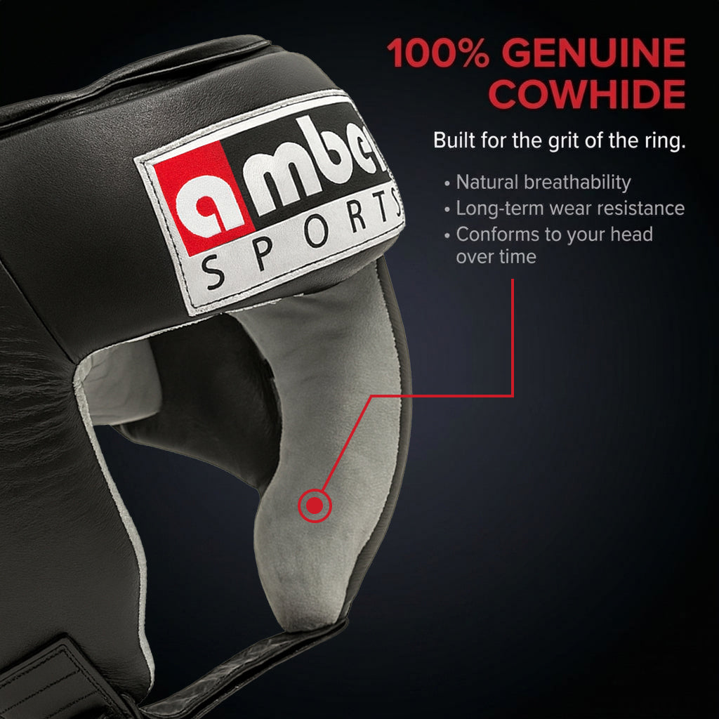 Amber Fight Gear Leather Open Face Boxing Headgear No Cheek, Multiple Sizes