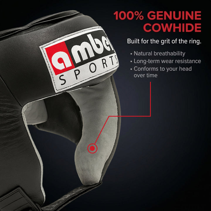 Amber Fight Gear Leather Open Face Boxing Headgear No Cheek, Multiple Sizes
