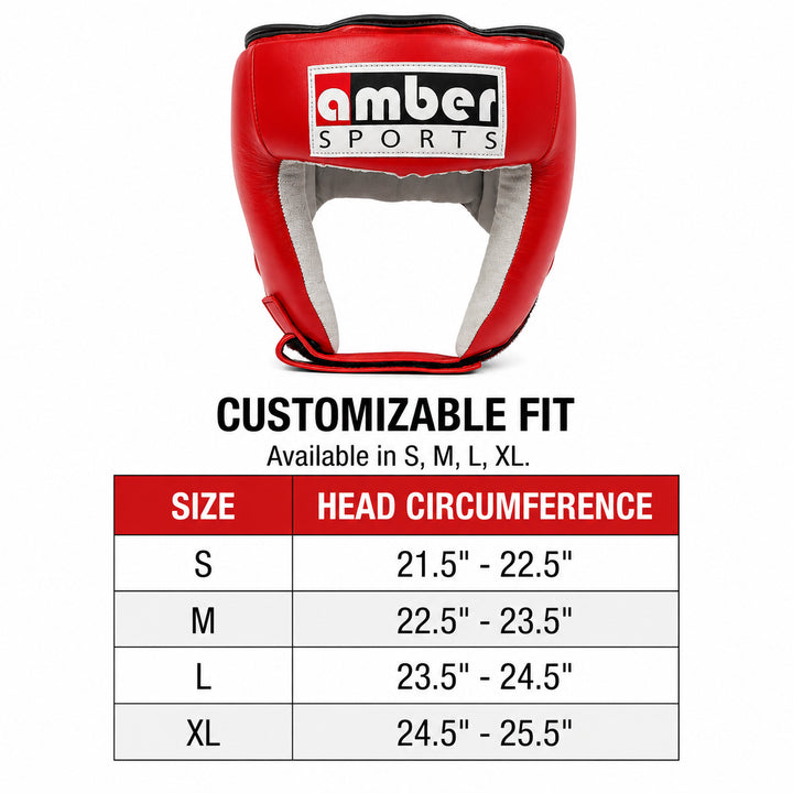 Amber Fight Gear Leather Open Face Boxing Headgear No Cheek, Multiple Sizes
