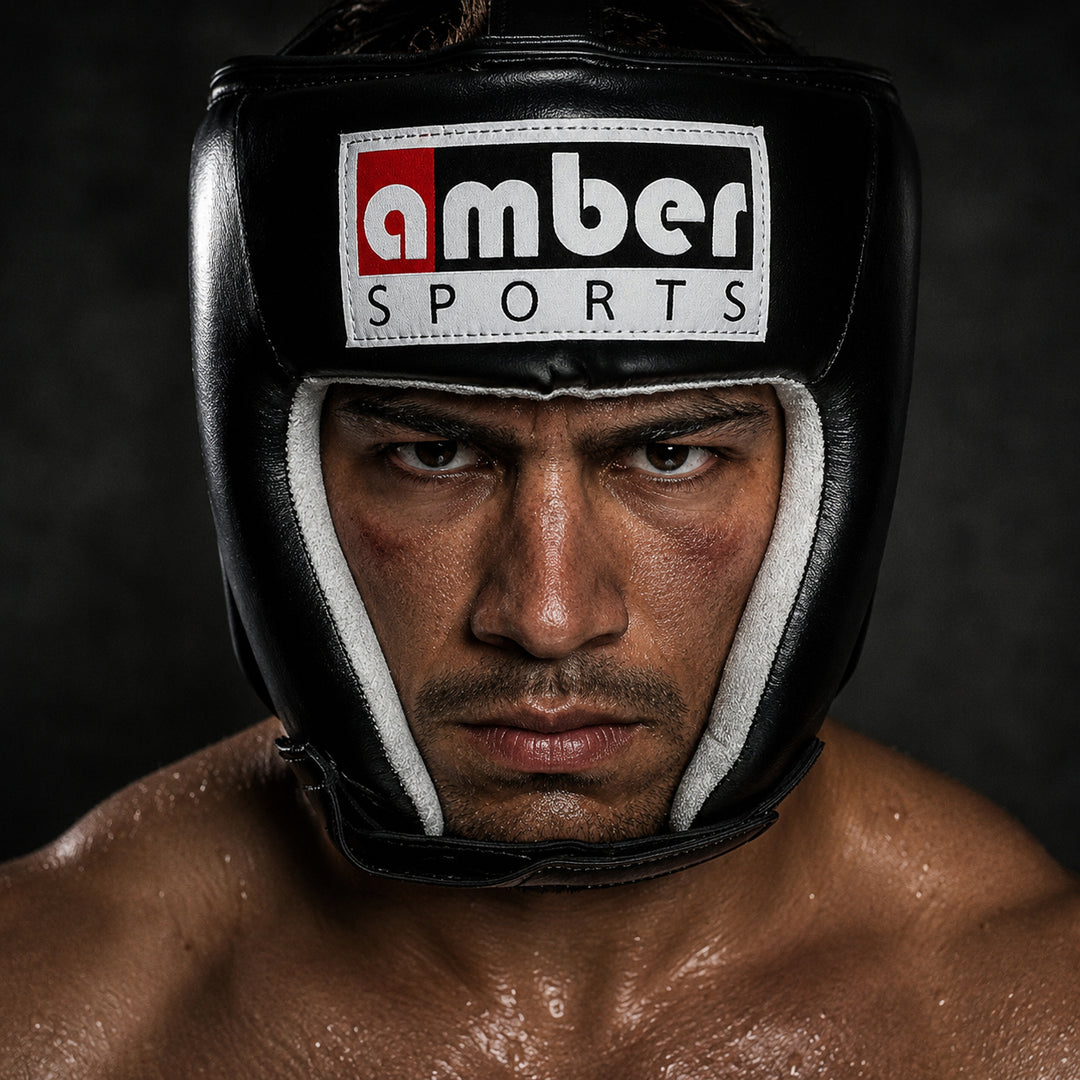 Amber Fight Gear Leather Open Face Boxing Headgear No Cheek, Multiple Sizes
