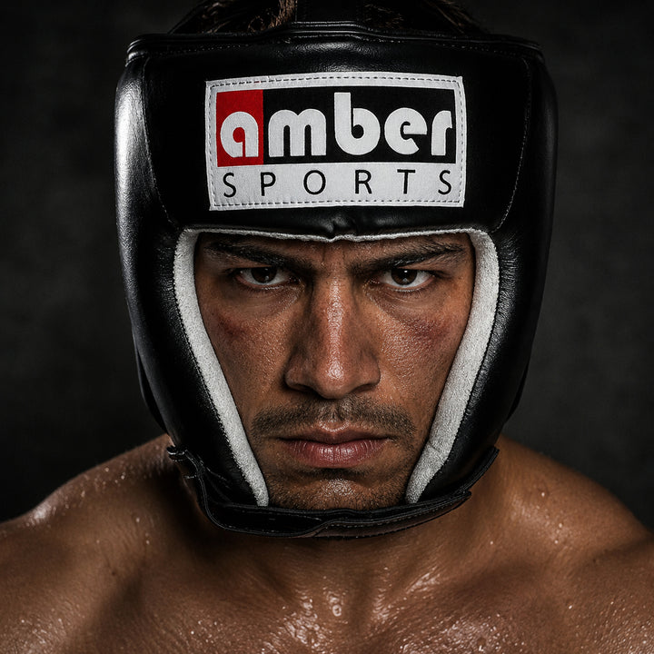 Amber Fight Gear Leather Open Face Boxing Headgear No Cheek, Multiple Sizes
