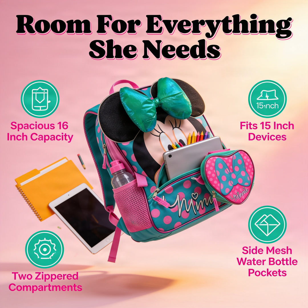 Minnie Mouse 16 inch School Backpack With Detachable Lunch Box Set - Disney Backpack
