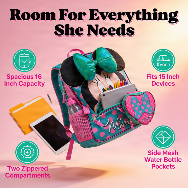 Minnie Mouse 16 inch School Backpack With Detachable Lunch Box Set - Disney Backpack