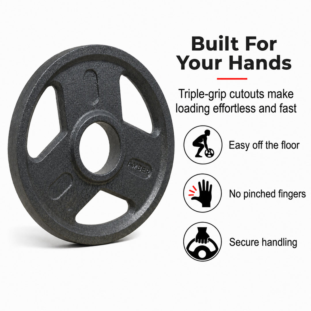 Triple-Grip Weight Plates Durable Cast Iron for Versatile Strength Training - Ideal for Squats, Deadlifts, Bench Press, Multiple Weight Options Available, Sold as Pair (5, Pounds)