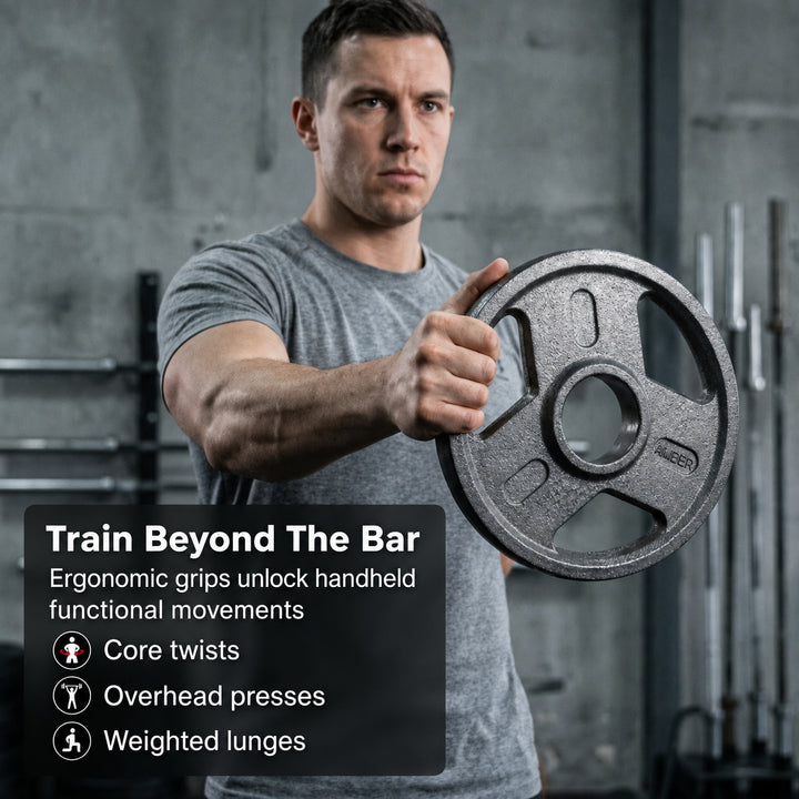 Triple-Grip Weight Plates Durable Cast Iron for Versatile Strength Training - Ideal for Squats, Deadlifts, Bench Press, Multiple Weight Options Available, Sold as Pair (5, Pounds)