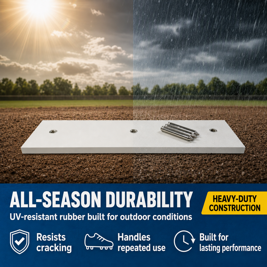 Pitching Rubber with Durable UV-Resistant Construction, Official Size 6 x 24 Inches for Baseball - Includes Nickel-Plated Steel Spikes for Secure Ground Attachment