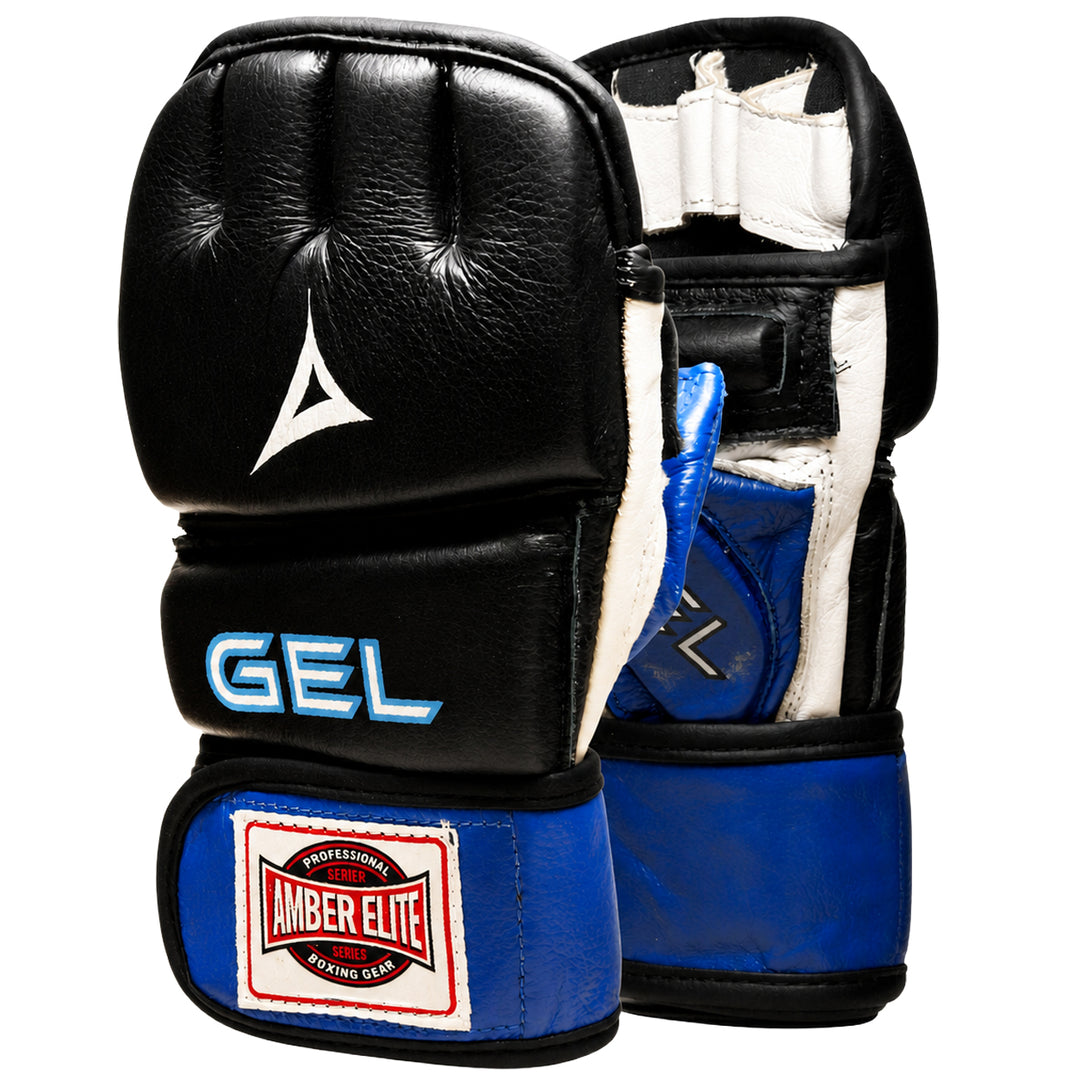 Gel Sparring MMA Glove, Real Leather Combat Mitts, Shock Absorbing Gel Padding for Grappling, Punching Bag, Cage Fighting, Muay Thai, UFC Training, Open Palm, Wrist Support, Half Thumb