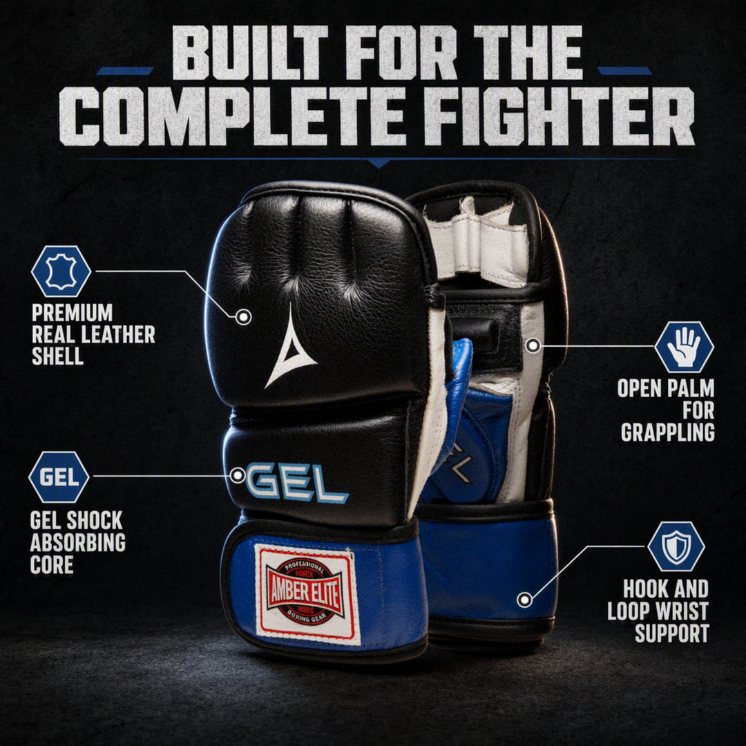 Gel Sparring MMA Glove, Real Leather Combat Mitts, Shock Absorbing Gel Padding for Grappling, Punching Bag, Cage Fighting, Muay Thai, UFC Training, Open Palm, Wrist Support, Half Thumb
