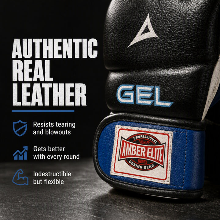 Gel Sparring MMA Glove, Real Leather Combat Mitts, Shock Absorbing Gel Padding for Grappling, Punching Bag, Cage Fighting, Muay Thai, UFC Training, Open Palm, Wrist Support, Half Thumb
