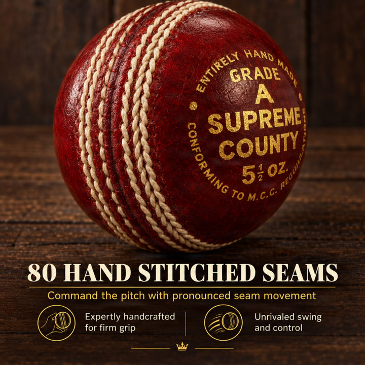 Amber Fight Gear Premium Super County Cricket Leather Ball Durable Handmade Alum-Tanned Leather Natural Cork Core 6/7 Layers Wool 5 Ply Stitching 4-Piece Handcrafted 80 Stitches 5.5oz Wax Polished