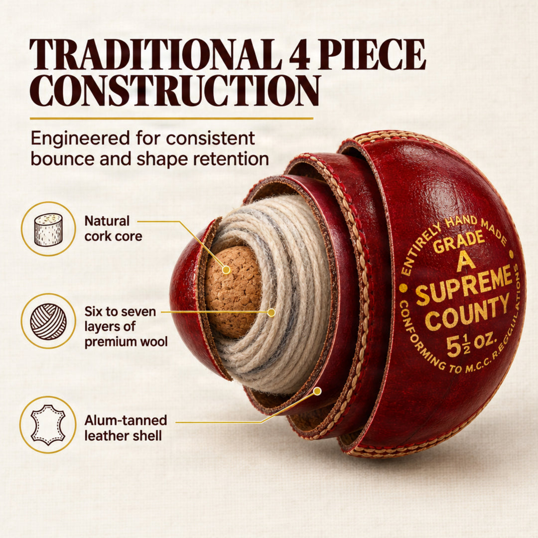 Amber Fight Gear Premium Super County Cricket Leather Ball Durable Handmade Alum-Tanned Leather Natural Cork Core 6/7 Layers Wool 5 Ply Stitching 4-Piece Handcrafted 80 Stitches 5.5oz Wax Polished