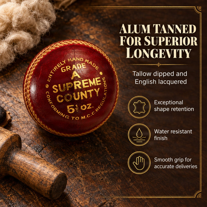 Amber Fight Gear Premium Super County Cricket Leather Ball Durable Handmade Alum-Tanned Leather Natural Cork Core 6/7 Layers Wool 5 Ply Stitching 4-Piece Handcrafted 80 Stitches 5.5oz Wax Polished