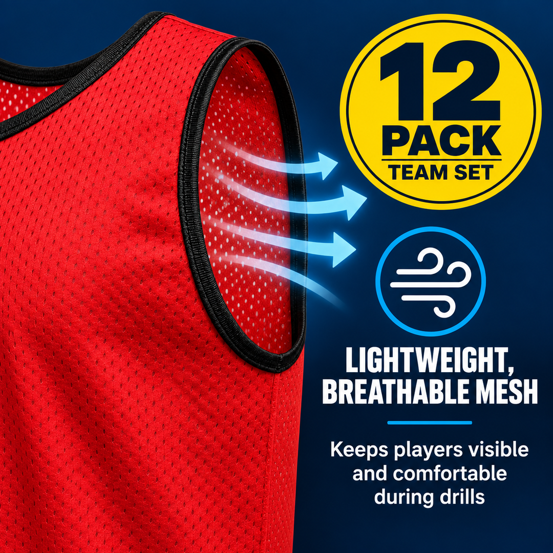 Adult Mesh Practice Scrimmage Jerseys ? Breathable Pinnie for Soccer, Basketball, Gym, Training, School Sports, Lightweight &amp; Durable Team Vest for Games &amp; Practice ? 12 Pack