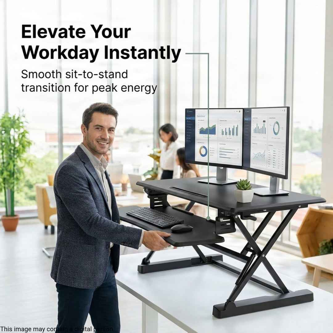 Adjustable Desk Stand, Sit to Stand Workstation, Ergonomic Height Adjustable Converter, Compact &amp; Sturdy for Home &amp; Office, 35x22 Inches, Black