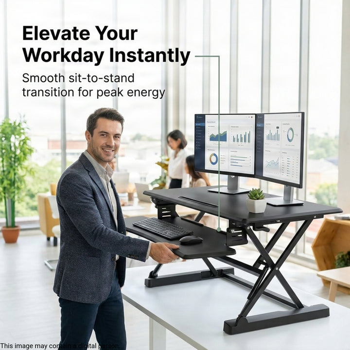 Adjustable Desk Stand, Sit to Stand Workstation, Ergonomic Height Adjustable Converter, Compact &amp; Sturdy for Home &amp; Office, 35x22 Inches, Black