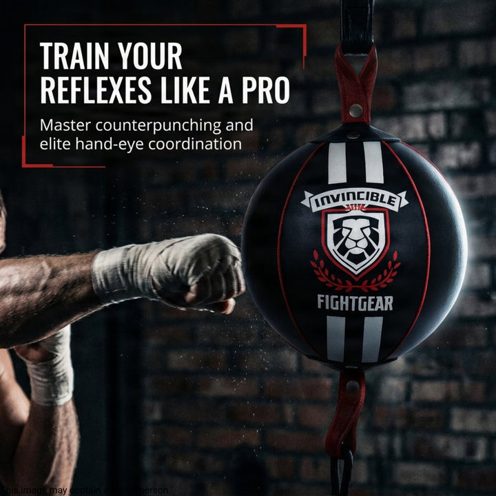 Professional Leather Double End Boxing Bag with Bungee Cords for Boxing, MMA, Muay Thai, Fitness Speed Dodge Reflex Ball, Floor to Ceiling Training