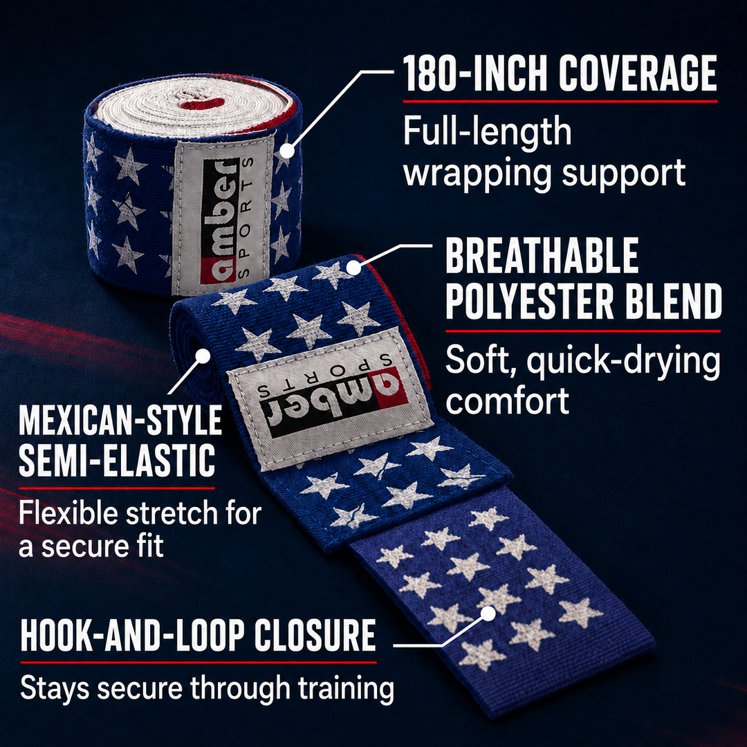 Amber Fight Gear USA Flag Handwraps, 180 inch Breathable Polyester Boxing Wraps for MMA, Kickboxing, Muay Thai, Training, Wrist &amp; Knuckle Support, Machine Washable, Sold as a Pair (10)
