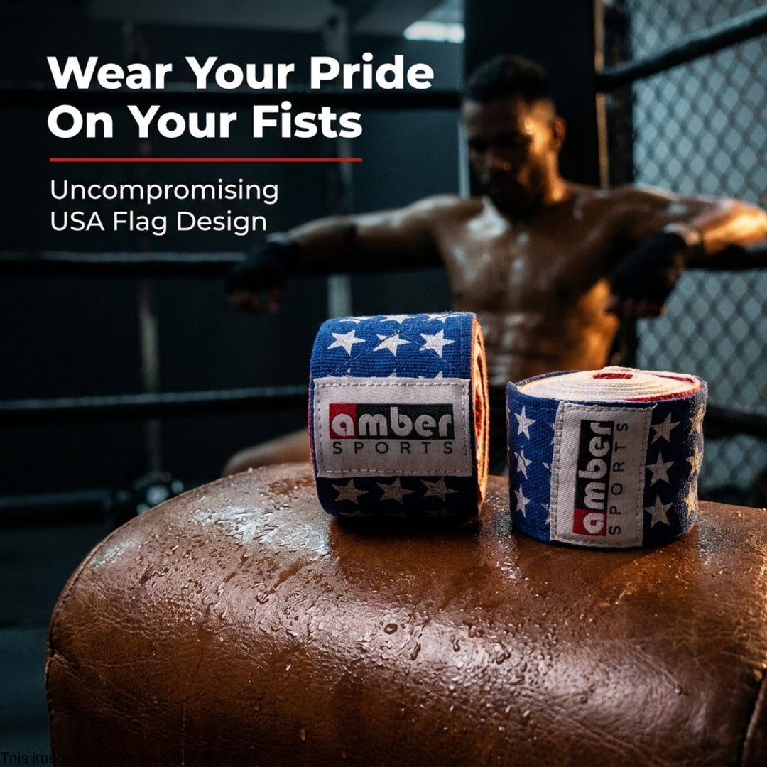 Amber Fight Gear USA Flag Handwraps, 180 inch Breathable Polyester Boxing Wraps for MMA, Kickboxing, Muay Thai, Training, Wrist &amp; Knuckle Support, Machine Washable, Sold as a Pair (10)