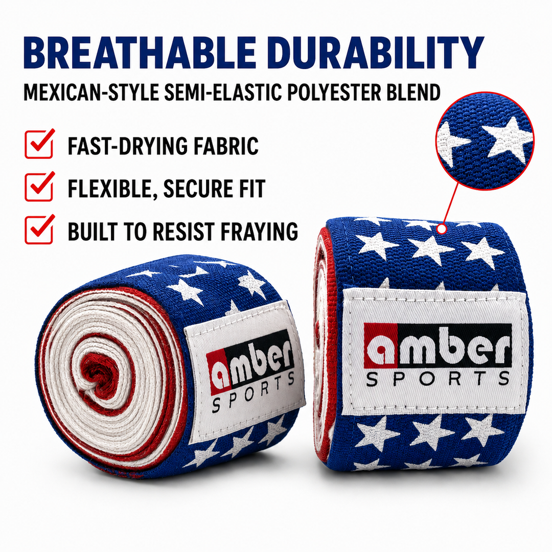Amber Fight Gear USA Flag Handwraps, 180 inch Breathable Polyester Boxing Wraps for MMA, Kickboxing, Muay Thai, Training, Wrist &amp; Knuckle Support, Machine Washable, Sold as a Pair (10)