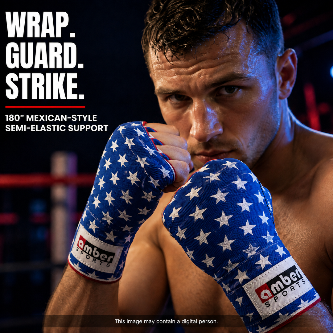 Amber Fight Gear USA Flag Handwraps, 180 inch Breathable Polyester Boxing Wraps for MMA, Kickboxing, Muay Thai, Training, Wrist &amp; Knuckle Support, Machine Washable, Sold as a Pair (10)