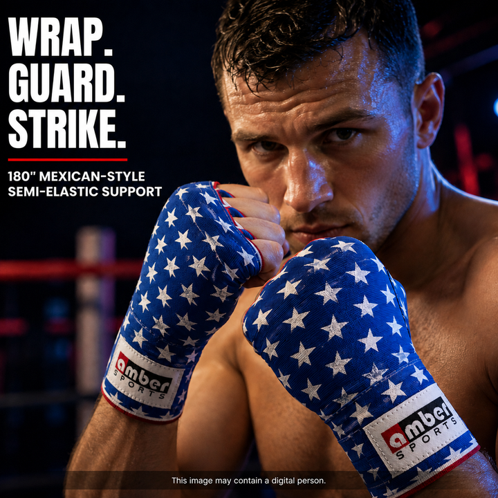 Amber Fight Gear USA Flag Handwraps, 180 inch Breathable Polyester Boxing Wraps for MMA, Kickboxing, Muay Thai, Training, Wrist &amp; Knuckle Support, Machine Washable, Sold as a Pair (10)