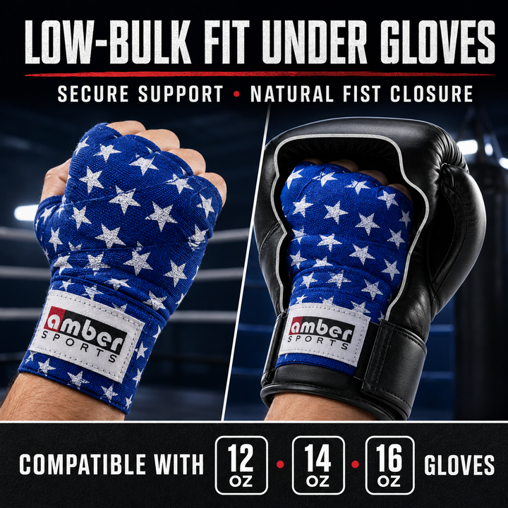 Amber Fight Gear USA Flag Handwraps, 180 inch Breathable Polyester Boxing Wraps for MMA, Kickboxing, Muay Thai, Training, Wrist &amp; Knuckle Support, Machine Washable, Sold as a Pair (10)