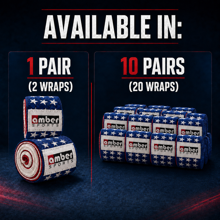 Amber Fight Gear USA Flag Handwraps, 180 inch Breathable Polyester Boxing Wraps for MMA, Kickboxing, Muay Thai, Training, Wrist &amp; Knuckle Support, Machine Washable, Sold as a Pair (10)