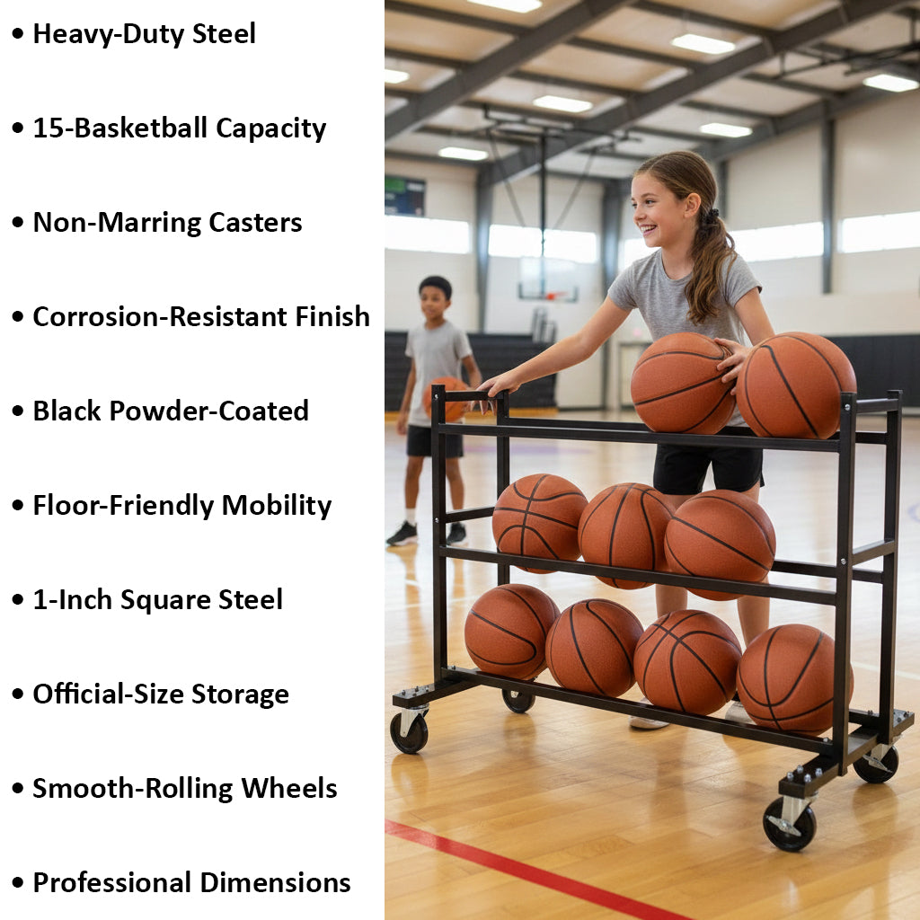 BSN SPORTS Monster Ball Cart - Heavy-Duty Steel, Holds 15 Basketballs