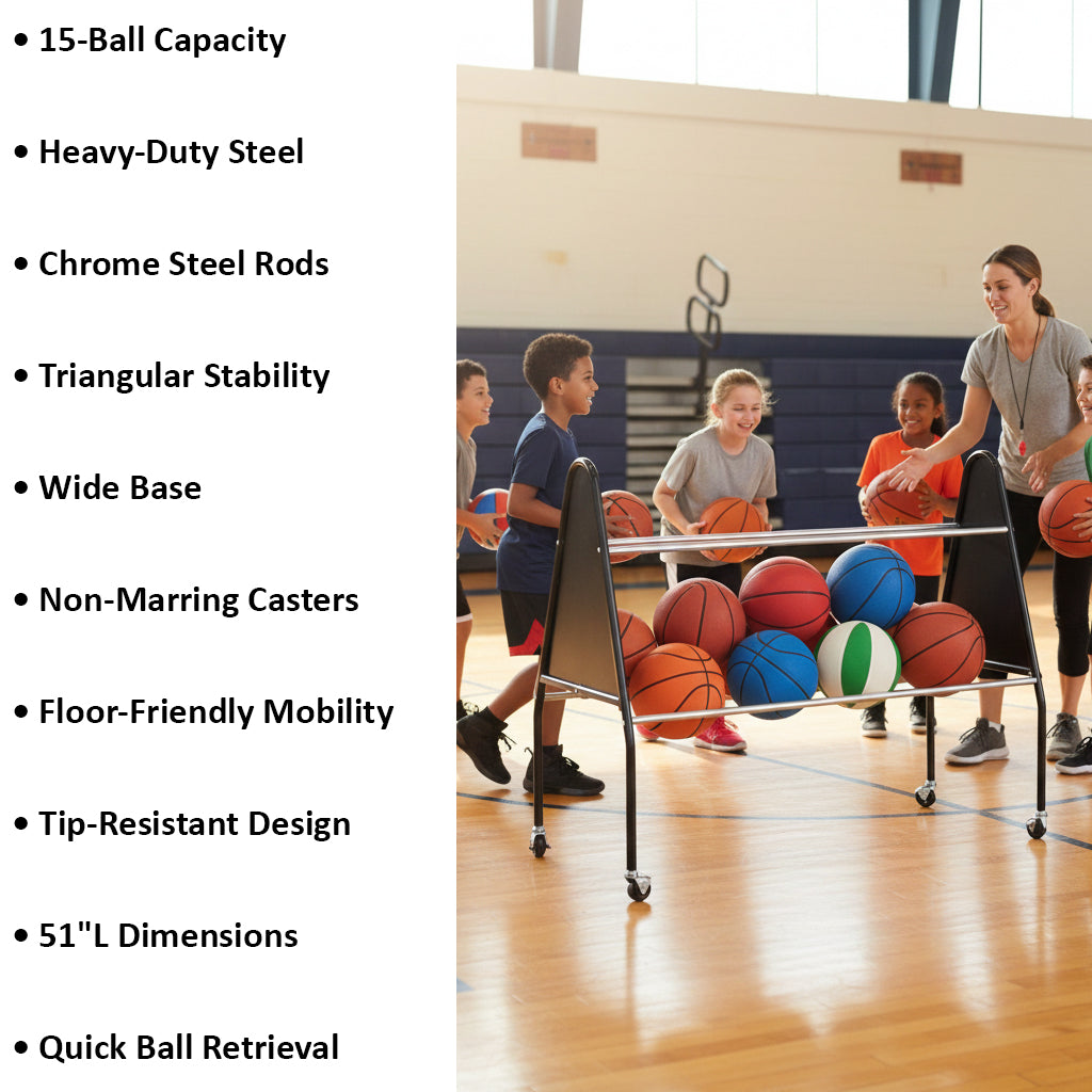 BSN Sports 15-Ball Cart - Heavy-Duty Steel, Wide Base Design