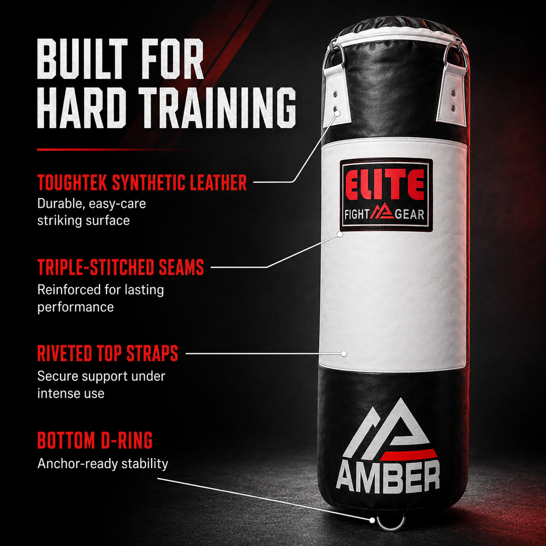 Elite Strikeforce Heavybag for Boxing, Kickboxing, MMA, Muay Thai ToughTek Leather, Triple Stitched, Sand Weighted, D-Ring, Chains &amp; Swivel