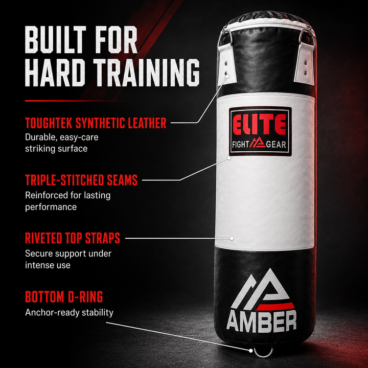 Elite Strikeforce Heavybag for Boxing, Kickboxing, MMA, Muay Thai ToughTek Leather, Triple Stitched, Sand Weighted, D-Ring, Chains &amp; Swivel