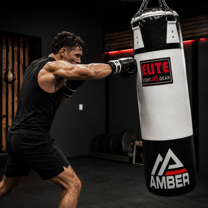 Elite Strikeforce Heavybag for Boxing, Kickboxing, MMA, Muay Thai ToughTek Leather, Triple Stitched, Sand Weighted, D-Ring, Chains &amp; Swivel