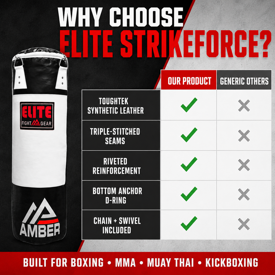 Elite Strikeforce Heavybag for Boxing, Kickboxing, MMA, Muay Thai ToughTek Leather, Triple Stitched, Sand Weighted, D-Ring, Chains &amp; Swivel