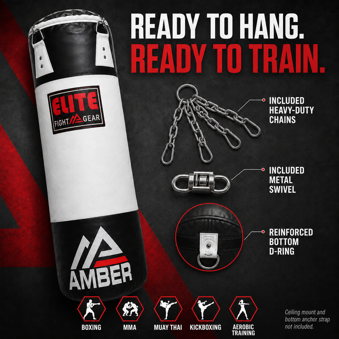 Elite Strikeforce Heavybag for Boxing, Kickboxing, MMA, Muay Thai ToughTek Leather, Triple Stitched, Sand Weighted, D-Ring, Chains &amp; Swivel