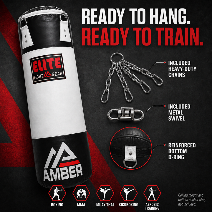 Elite Strikeforce Heavybag for Boxing, Kickboxing, MMA, Muay Thai ToughTek Leather, Triple Stitched, Sand Weighted, D-Ring, Chains &amp; Swivel