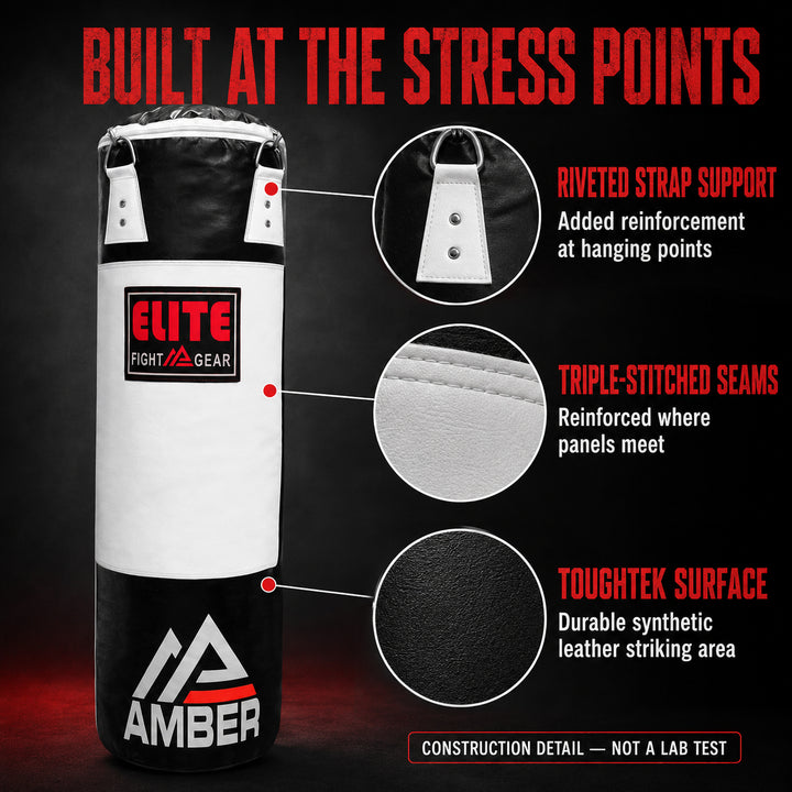 Elite Strikeforce Heavybag for Boxing, Kickboxing, MMA, Muay Thai ToughTek Leather, Triple Stitched, Sand Weighted, D-Ring, Chains &amp; Swivel