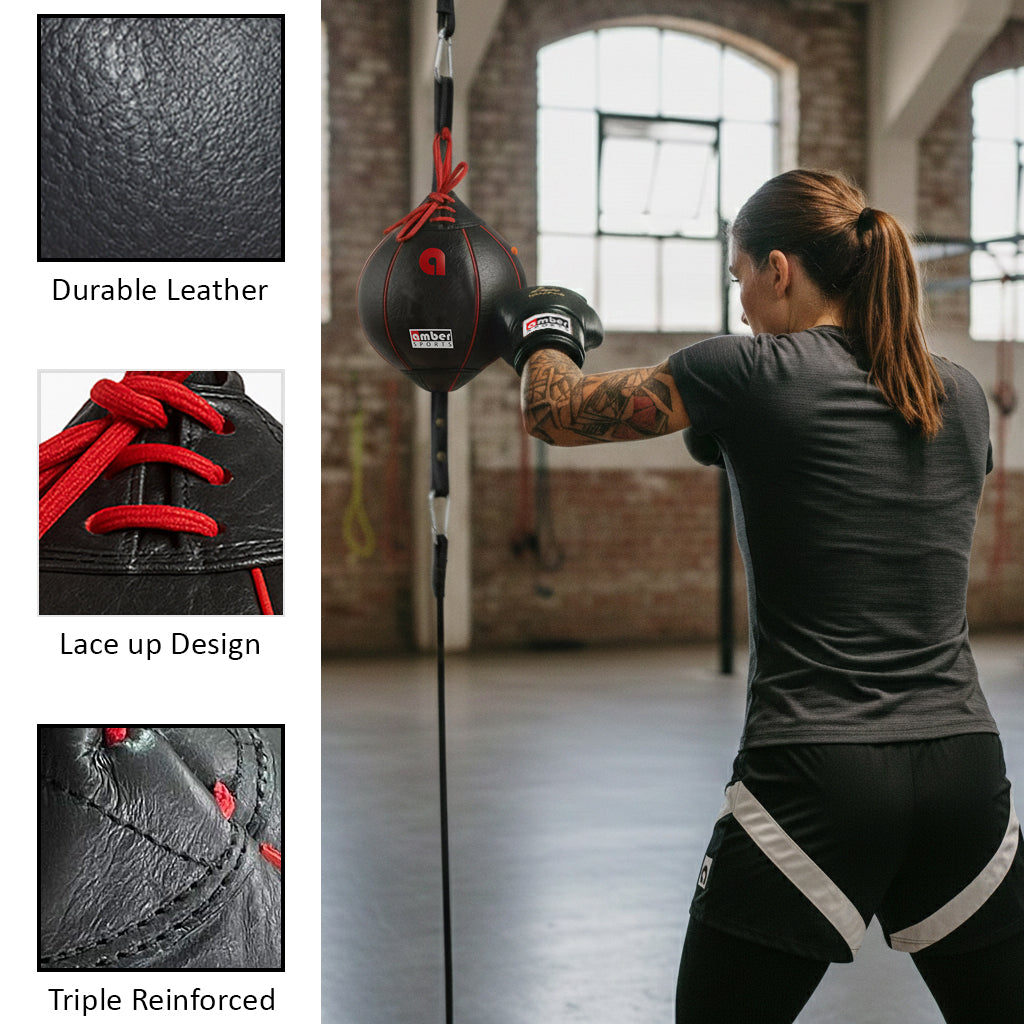Amber Fight Gear Boxing MMA Muay Thai Fitness Workout Training Leather Punching Floor to Ceiling Speed Dodge Ball Double End Bag Professional with Bungee Cords