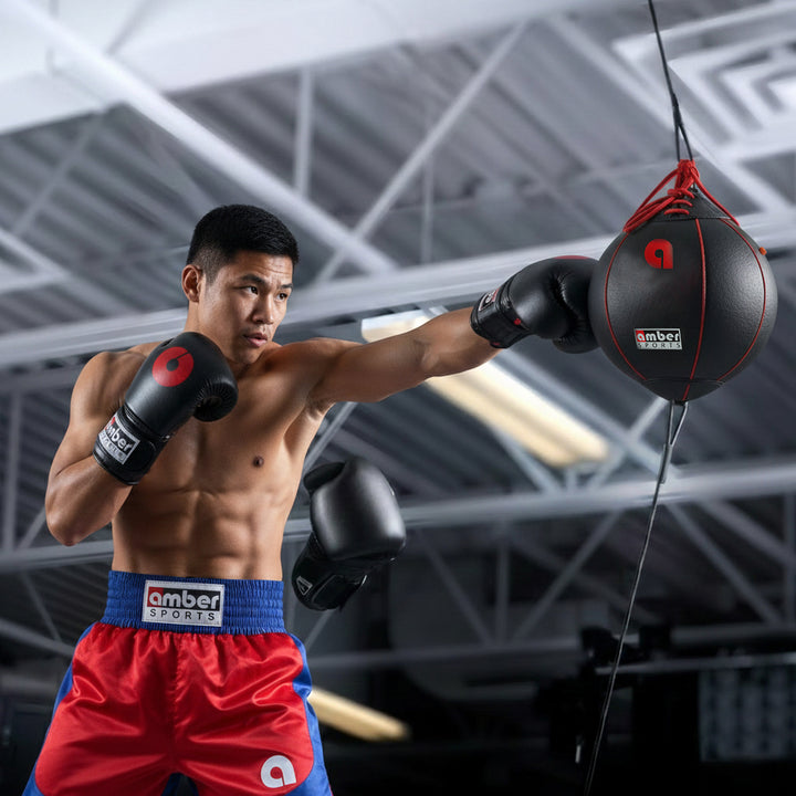 Amber Fight Gear Boxing MMA Muay Thai Fitness Workout Training Leather Punching Floor to Ceiling Speed Dodge Ball Double End Bag Professional with Bungee Cords