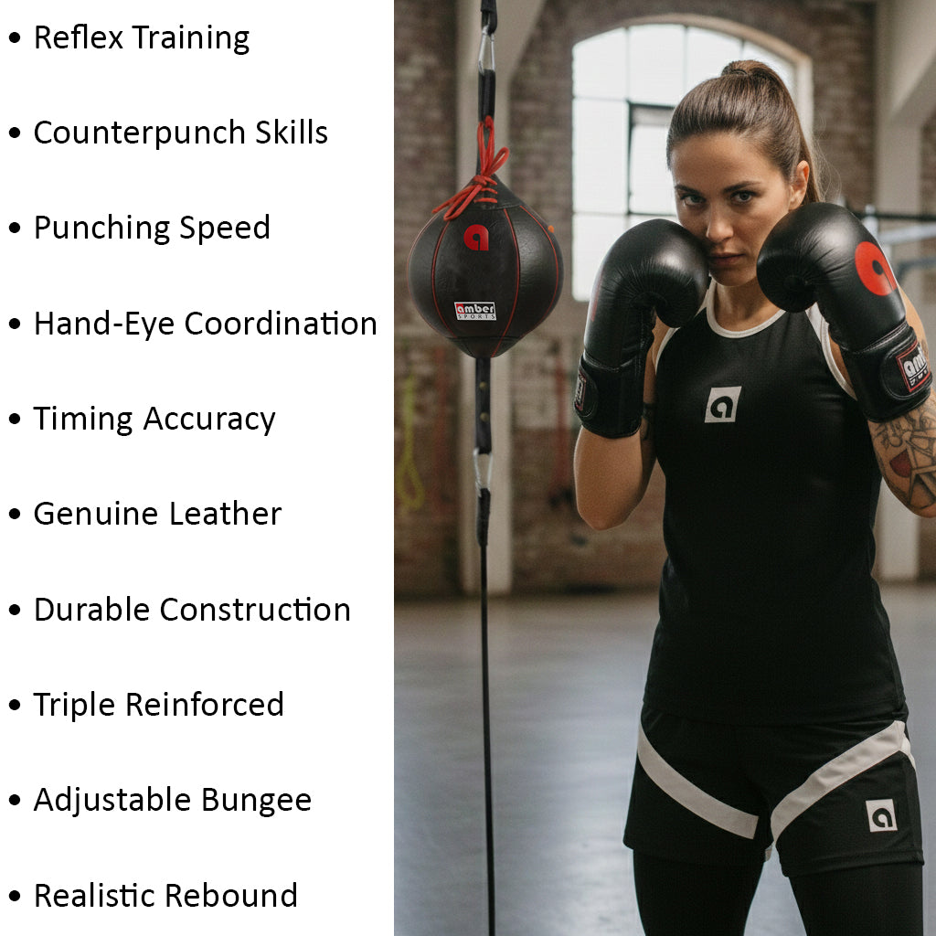 Amber Fight Gear Boxing MMA Muay Thai Fitness Workout Training Leather Punching Floor to Ceiling Speed Dodge Ball Double End Bag Professional with Bungee Cords