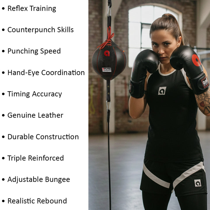 Amber Fight Gear Boxing MMA Muay Thai Fitness Workout Training Leather Punching Floor to Ceiling Speed Dodge Ball Double End Bag Professional with Bungee Cords
