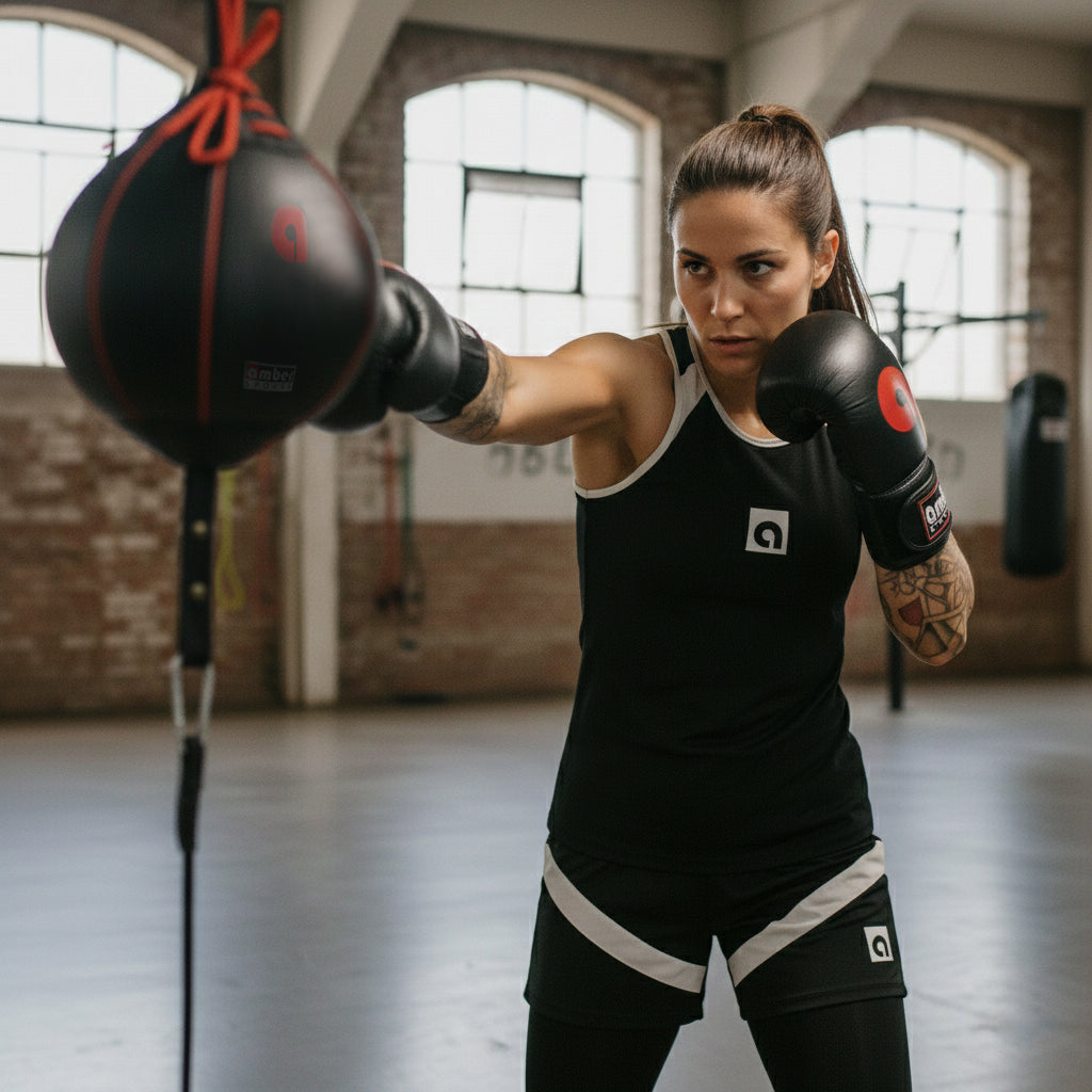 Amber Fight Gear Boxing MMA Muay Thai Fitness Workout Training Leather Punching Floor to Ceiling Speed Dodge Ball Double End Bag Professional with Bungee Cords