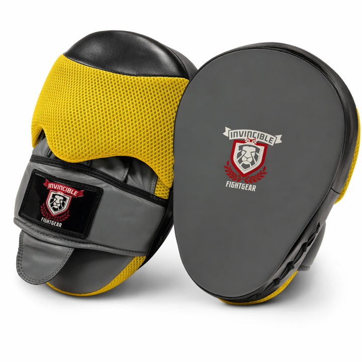 Invincible Fight Gear Pro Boxing Punching Mitts | Leather Focus Pads for MMA, Karate, Muay Thai &amp; Martial Arts | Curved Target Striking Mittens for Training &amp; Coaching, Ambidextrous | Black/Yellow