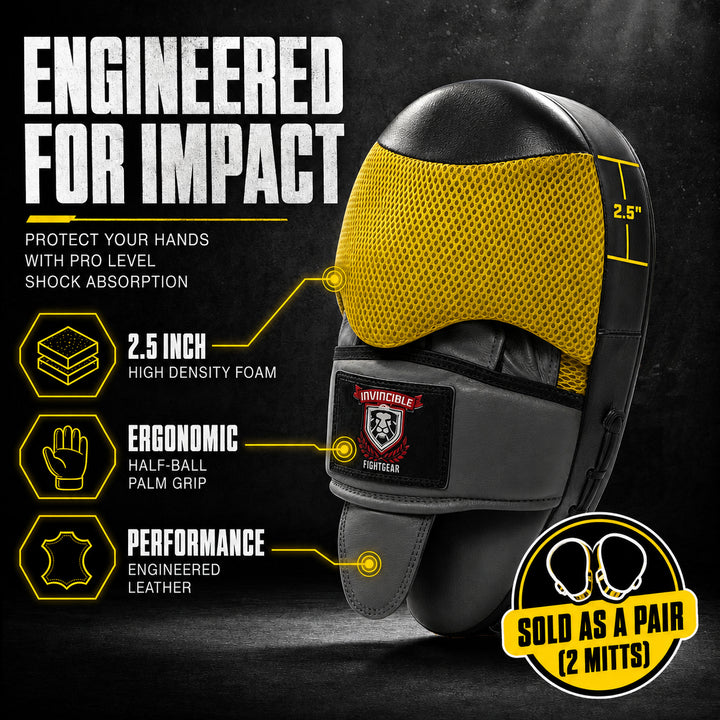 Invincible Fight Gear Pro Boxing Punching Mitts | Leather Focus Pads for MMA, Karate, Muay Thai &amp; Martial Arts | Curved Target Striking Mittens for Training &amp; Coaching, Ambidextrous | Black/Yellow