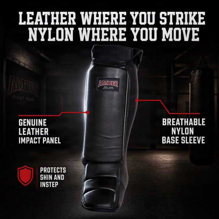 Amber Fight Gear MMA Shin &amp; Instep Protectors with Reinforced Leather Face