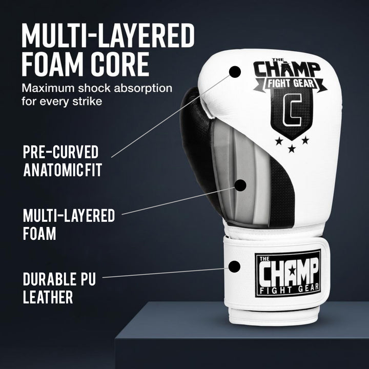 The Champ Fight Gear Alpha Series Boxing Gloves with Wrist Support for Boxing Kickboxing Muay Thai Training or Sparring Punching Bag Mitts