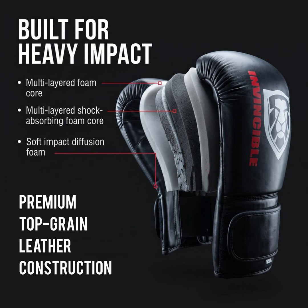 Invincible Fight Gear All Leather Boxing Bag Gloves | Premium Cast Iron Heavy Punching Gloves for MMA, Kickboxing, Muay Thai Sparring | Men &amp; Women Training Equipment | 12oz, 14oz, 16oz
