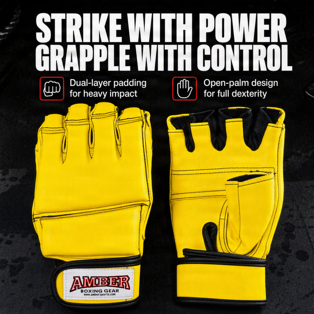 Amber Fight Gear Leather Grappling Gloves with Enhanced Grip &amp; Wrist Support
