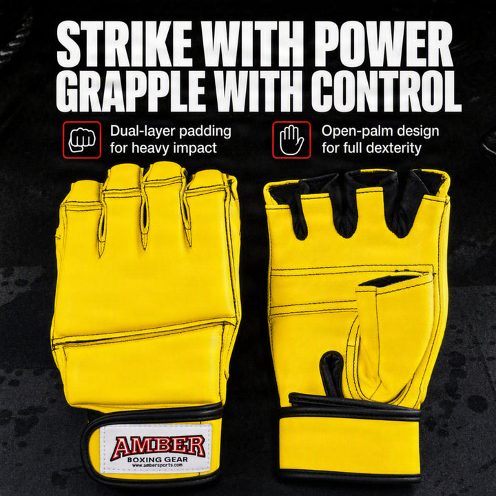 Amber Fight Gear Leather Grappling Gloves with Enhanced Grip &amp; Wrist Support