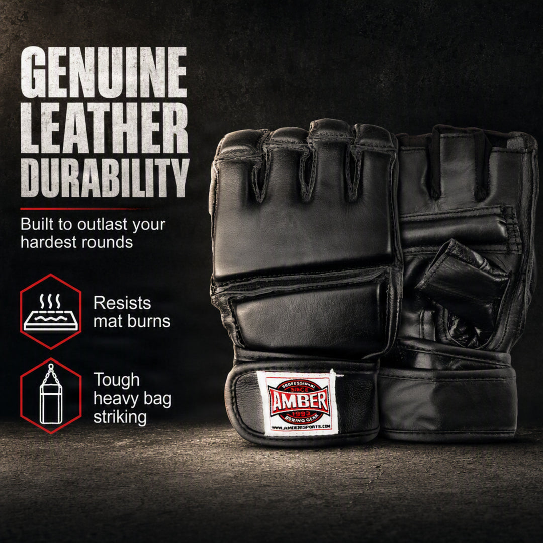 Amber Fight Gear Leather Grappling Gloves with Enhanced Grip &amp; Wrist Support